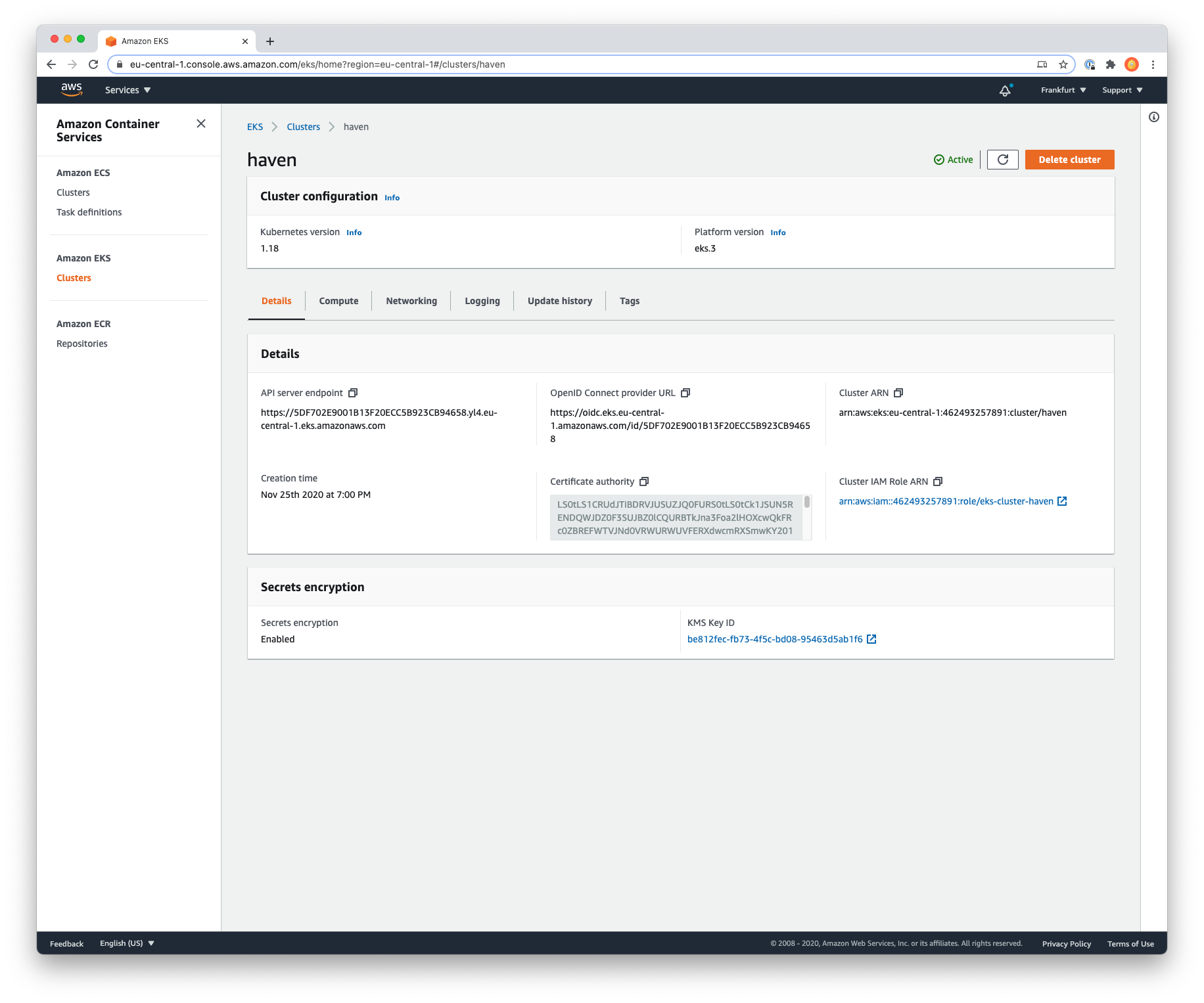 Schermafbeelding van een Kubernetes-cluster op Amazon Elastic Kubernetes Service (EKS)