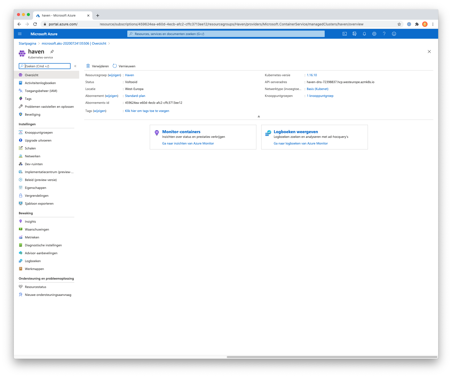 Schermafbeelding van een Kubernetes-cluster op Azure Kubernetes Service (AKS)