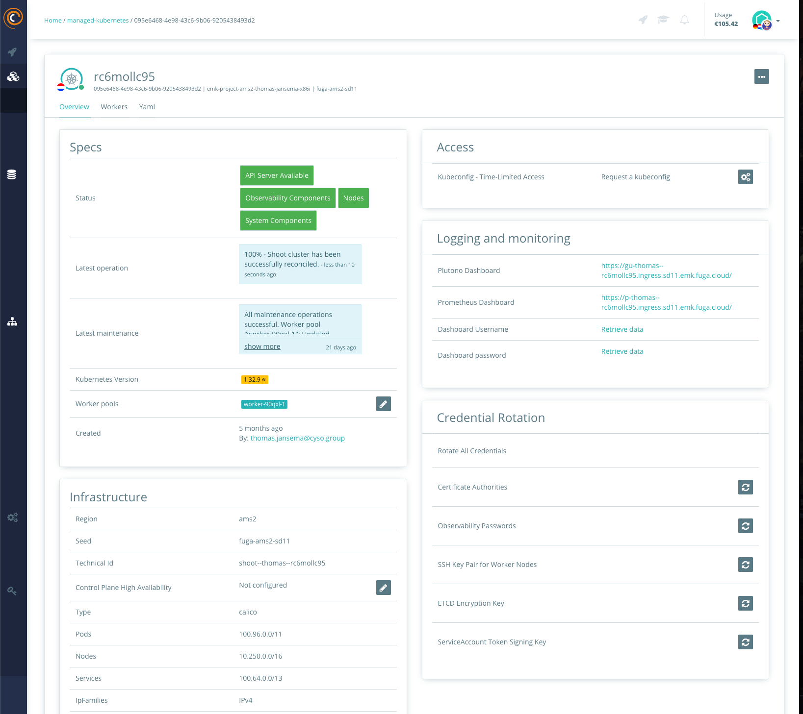Schermafbeelding van een Kubernetes-cluster specificatie op Cyso Cloud