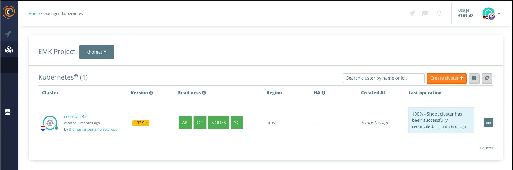 Schermafbeelding van een Kubernetes-cluster overview op Cyso Cloud