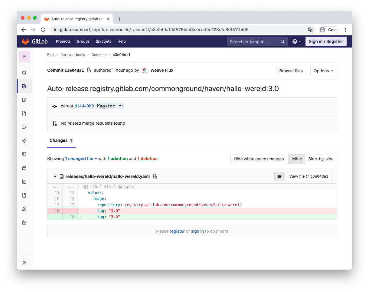 Schermafbeelding van een commit, een automatische update van Flux