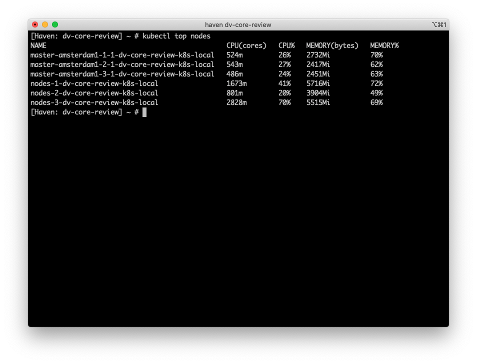 Schermafbeelding van het commando kubectl top nodes