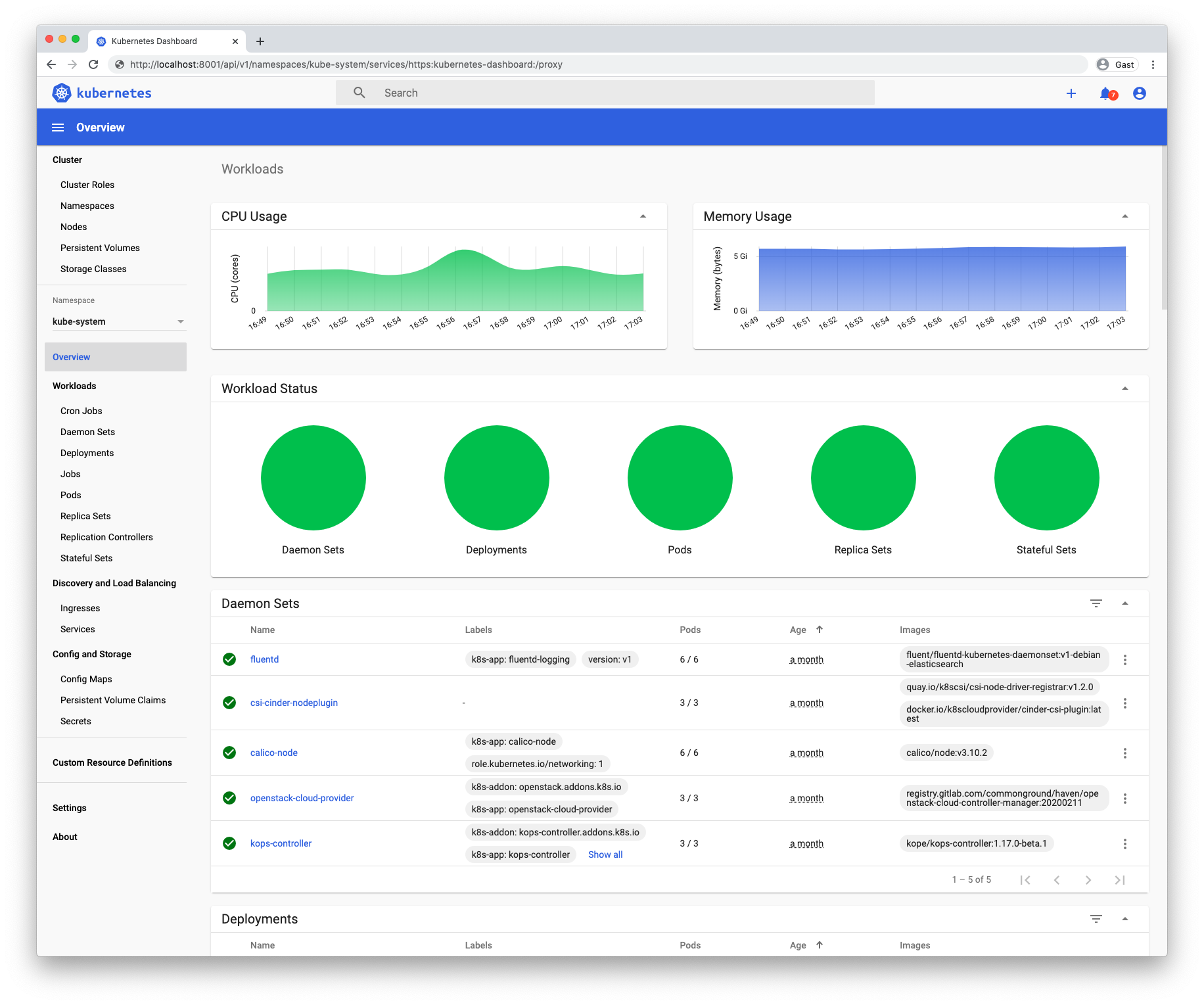 Schermafbeelding van het Kubernetes dashboard